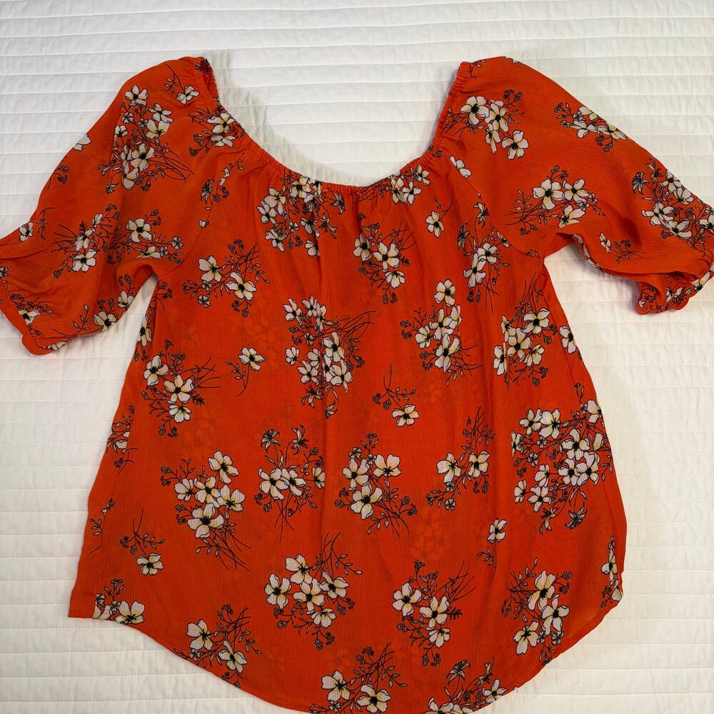Love J Orange Floral Boho Peasant Tie Short Sleeve Blouse Womens 1X - Picture 2 of 7